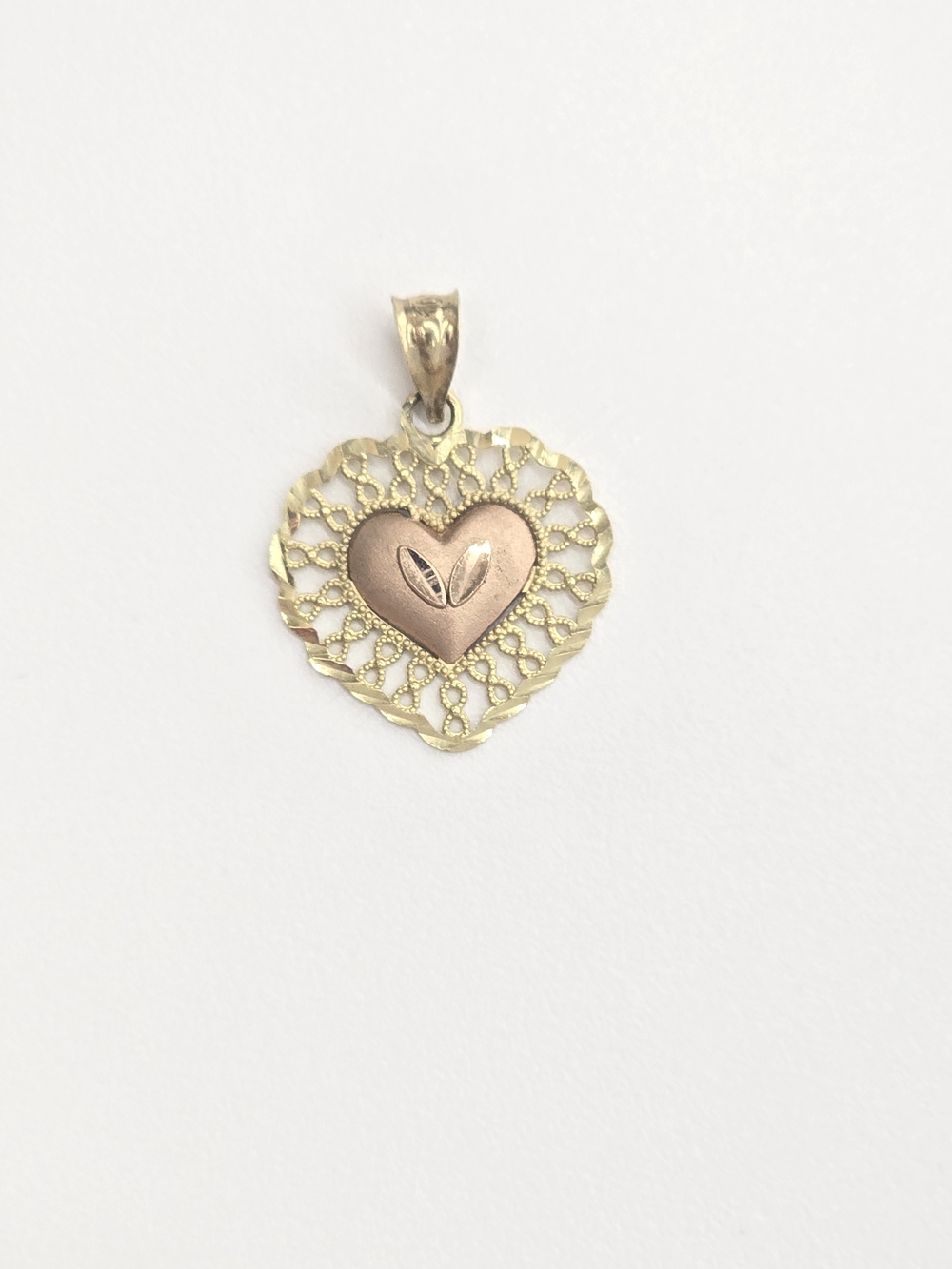 10kt Real Gold Two-Tone Heart Filigree Pendant - Gold and Rose